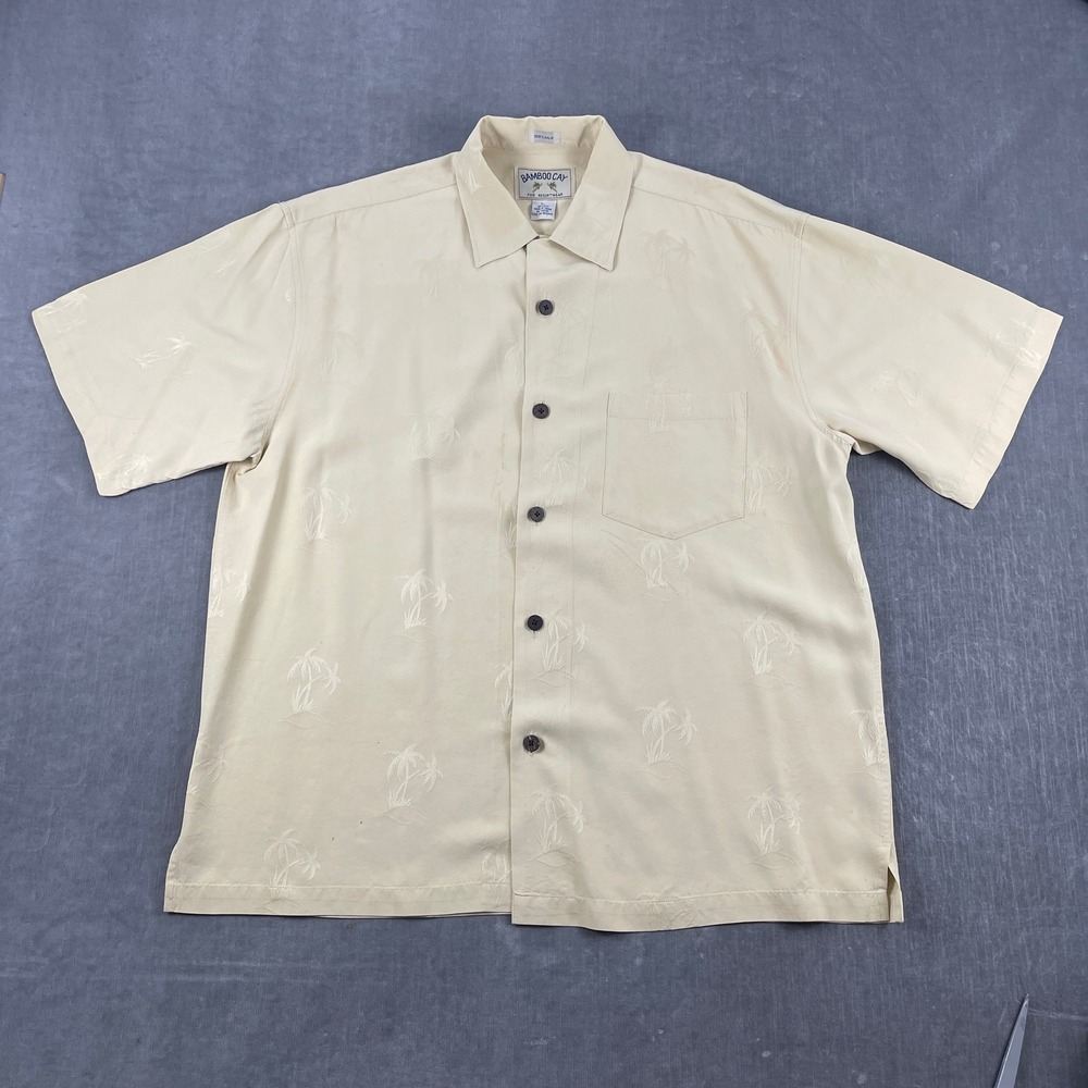 Bamboo Cay Men L Beige Short Sleeve Button Up Shirt Silk Embroidered Palm Trees
